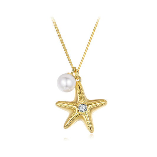 925 Sterling Silver Starfish Pendant Necklaces with Round Pearl Beads 18K Gold Basic Link Chain for Women Elegant Gift Mirror Quenn