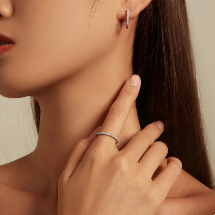 Bamoer 925 Sterling Silver Blue Opal Simple Jewelry Set Square Hoop Earrings Minimalist Finger Ring for Women Fine Jewelry Mirror Quenn