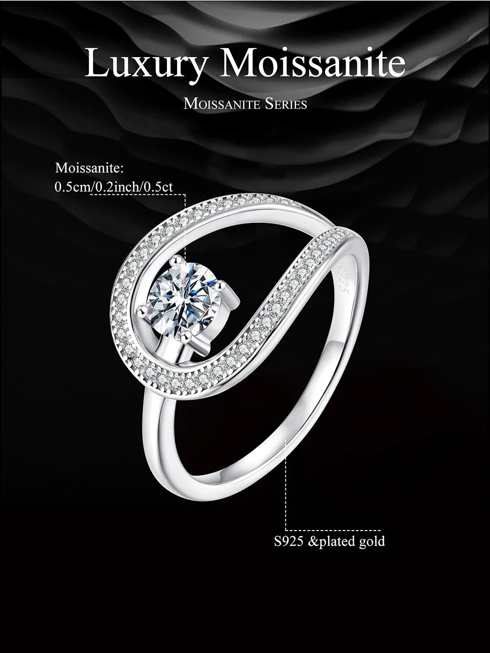 Moissanite Swirl Ring 925 Sterling Silver Lab Diamond Gift