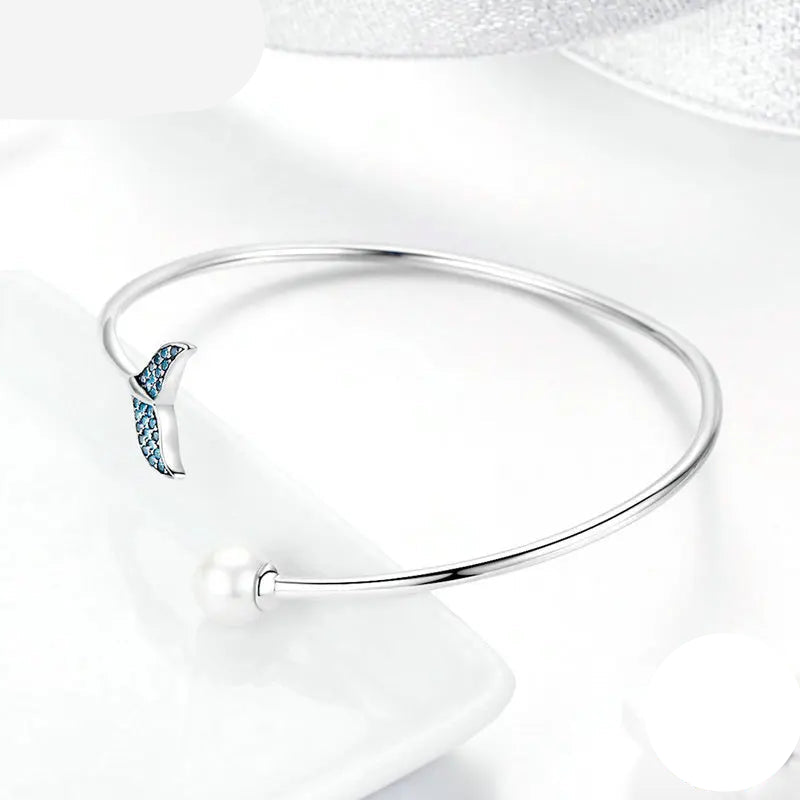 Bamoer Hot Sale 925 Sterling Silver Blue Zircon Mermaid's Tail Open Cuff Women Bracelets & Bangles Fashion Jewelry SCB123 Mirror Quenn