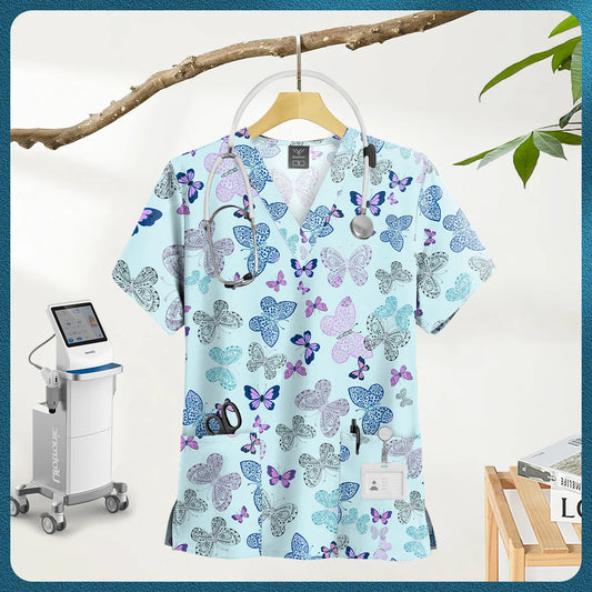 Printed Scrub Top with Pockets – V-Neck