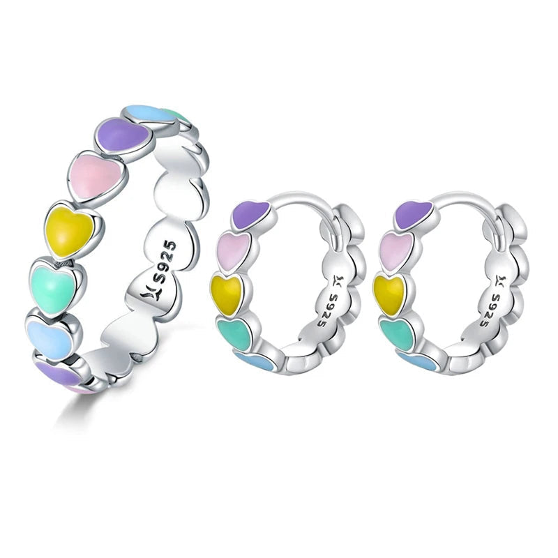 Bamoer 925 Sterling Silver Rainbow Series Heart to Heart Ring & Earrings Jewelry Set for Women Fine Jewelry Gift Mirror Quenn