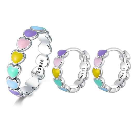Bamoer 925 Sterling Silver Rainbow Series Heart to Heart Ring & Earrings Jewelry Set for Women Fine Jewelry Gift Mirror Quenn