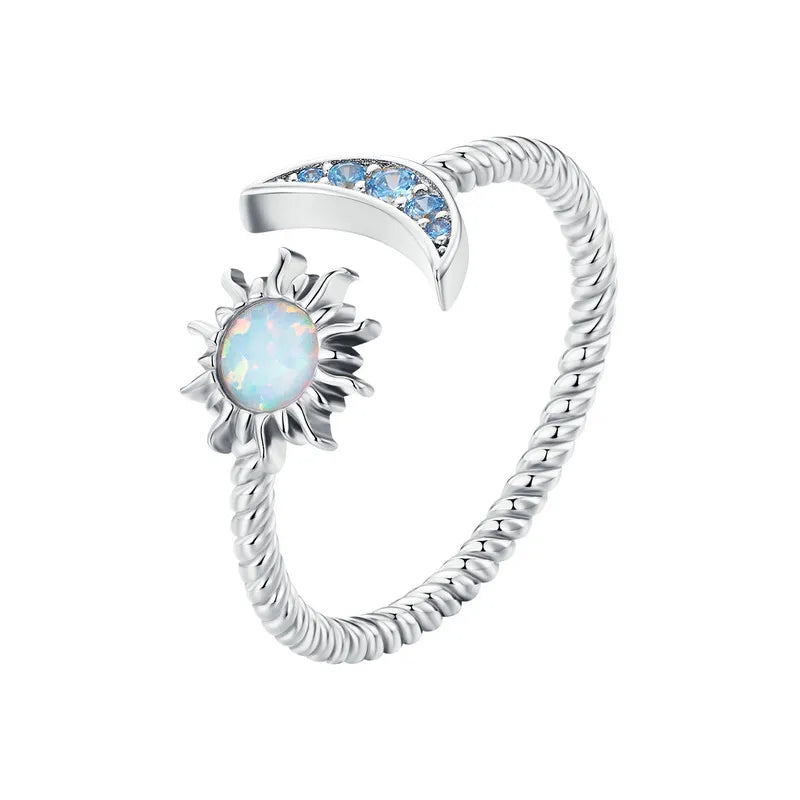 BAMOER Authentic 925 Sterling Silver Shining Sun & Moon Open Size Ring for Women Vintage Opal Ring Fine Jewelry Party Gift Mirror Quenn