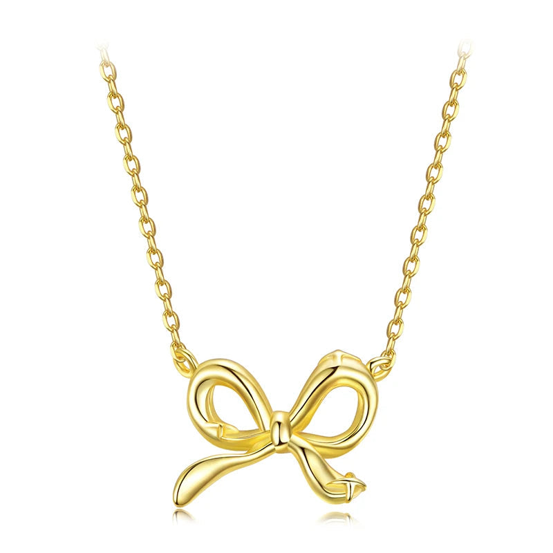 BAMOER 925 Sterling Silver Bowknot Chain Necklace Gold Plated Link Chain with Bow Choker for Women Girls Fashion Jewelry Gifts Mirror Quenn
