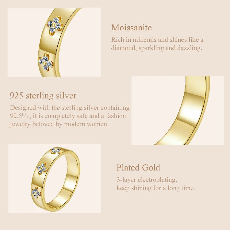 Moissanite Clover Ring 925 Sterling Silver Gold Plated Band