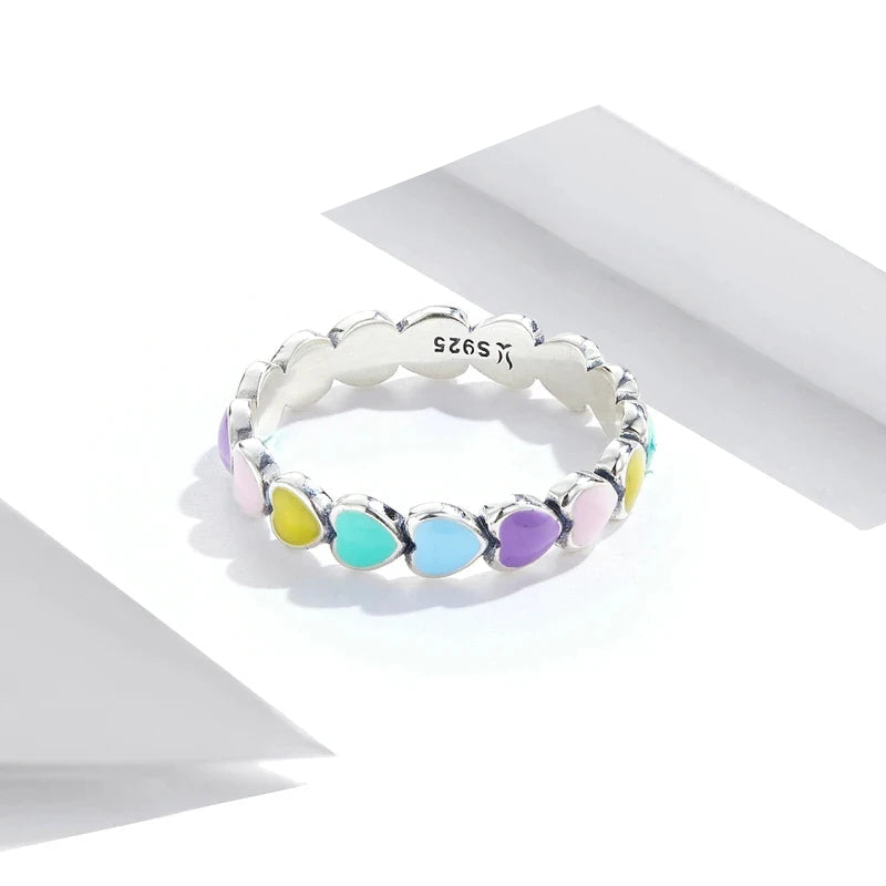 BAMOER 925 Sterling Silver Cute Rainbow Heart Finger Ring for Women Stackable Silver Ring with Mini Hearts Trendy Jewelry Mirror Quenn