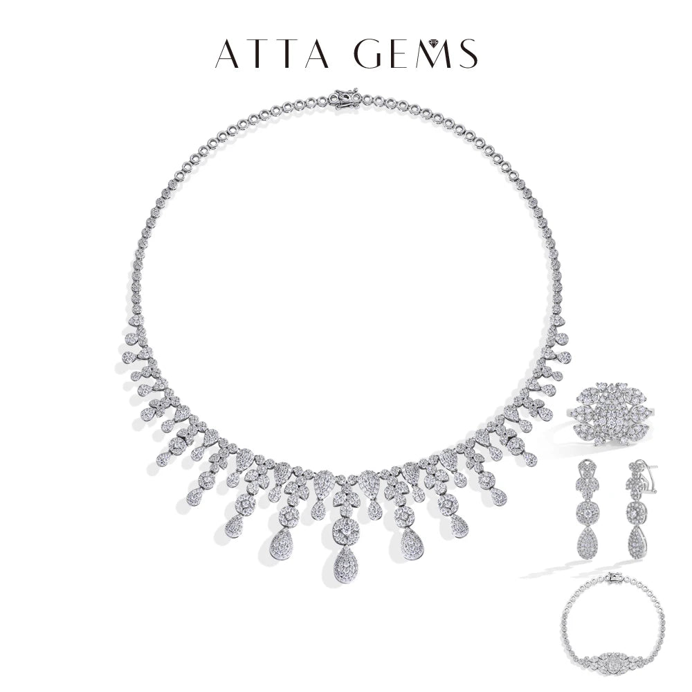 ATTAGEMS Vintage s925 Silver Moissanite Jewelry Set forWomen Tassel Water Drop Necklace Earrings Ring Bracelet for Wedding Party