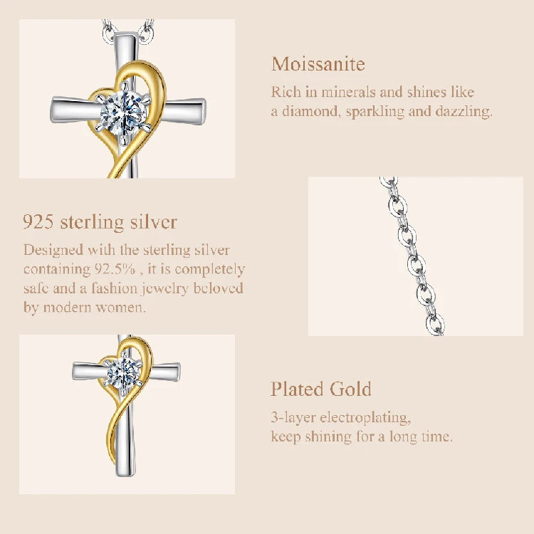 Two-Tone Gold Cross Necklace Moissanite Silver