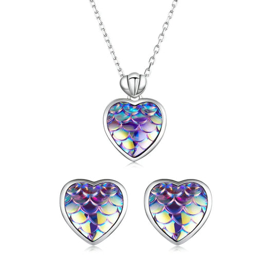 Bamoer Fish Scale Heart Necklace & Cat Ear Studs Authentic 925 Sterling Silver Heart Stud Earrings Female Gift Fine Jewelry Set Mirror Quenn