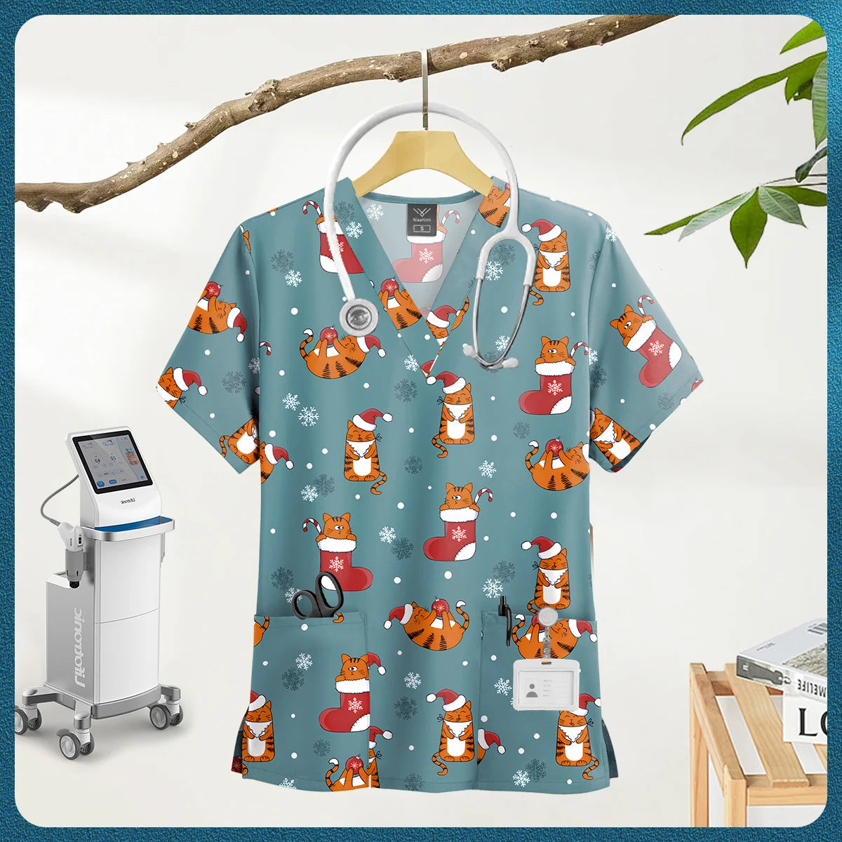 Printed Scrub Top with Pockets – V-Neck