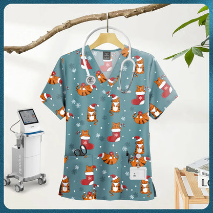Printed Scrub Top with Pockets – V-Neck