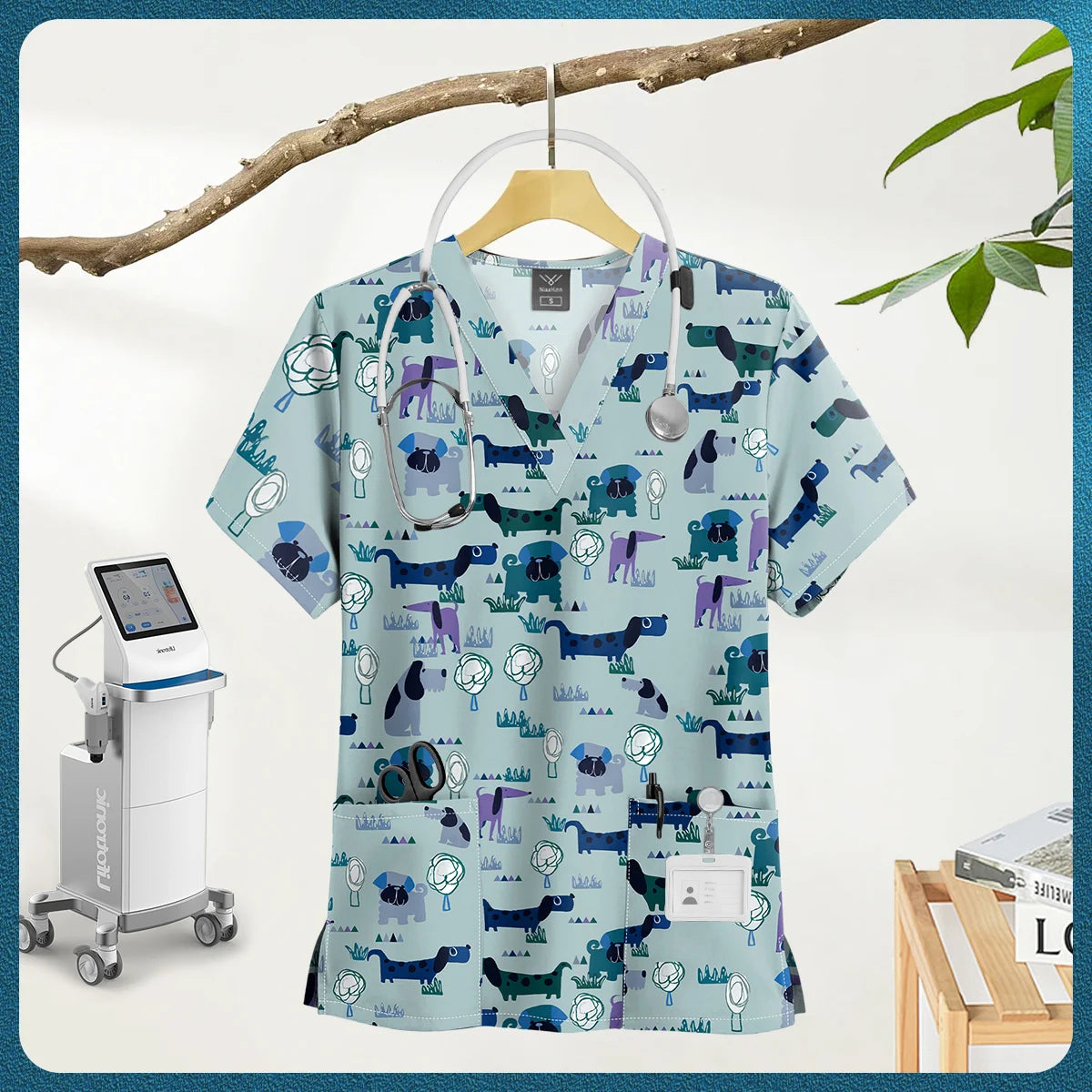 Printed Scrub Top with Pockets – V-Neck