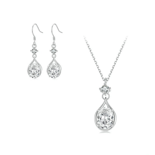 BAMOER 925 Sterling Silver Teardrop Earrings+Necklace for Women Cubic Zirconia Round Cut Dainty Jewelry Set Gifts for Women Mirror Quenn