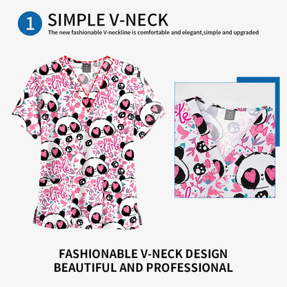 Printed Scrub Top with Pockets – V-Neck