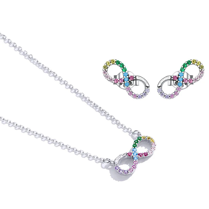 Bamoer 925 Sterling Silver Rainbow Color Colorful Infinite Love Necklace and Rainbow Stud Earrings Jewelry Set for Women Mirror Quenn