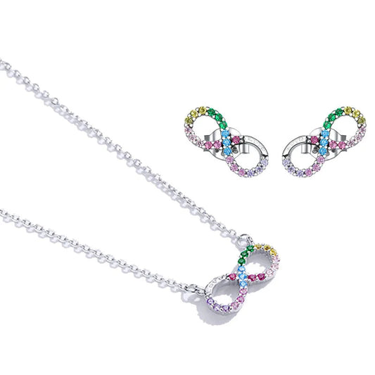 Bamoer 925 Sterling Silver Rainbow Color Colorful Infinite Love Necklace and Rainbow Stud Earrings Jewelry Set for Women Mirror Quenn
