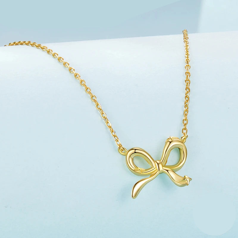 BAMOER 925 Sterling Silver Bowknot Chain Necklace Gold Plated Link Chain with Bow Choker for Women Girls Fashion Jewelry Gifts Mirror Quenn