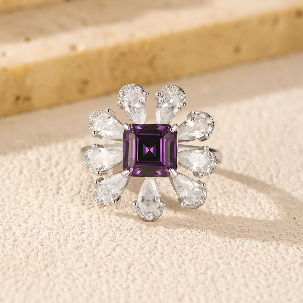 MODIAN 925 Sterling Silver Luxury Ascher Cut Violet Color Flower Zirconia Finger Rings For Women Party Fine Jewelry Mirror Quenn