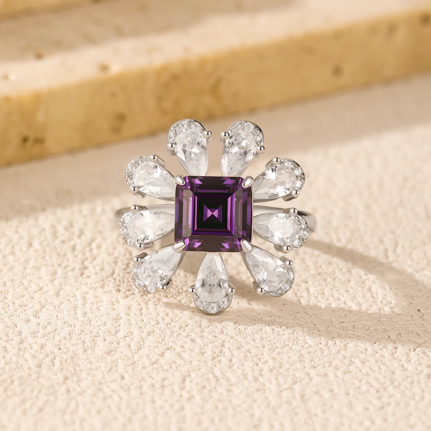 MODIAN 925 Sterling Silver Luxury Ascher Cut Violet Color Flower Zirconia Finger Rings For Women Party Fine Jewelry Mirror Quenn