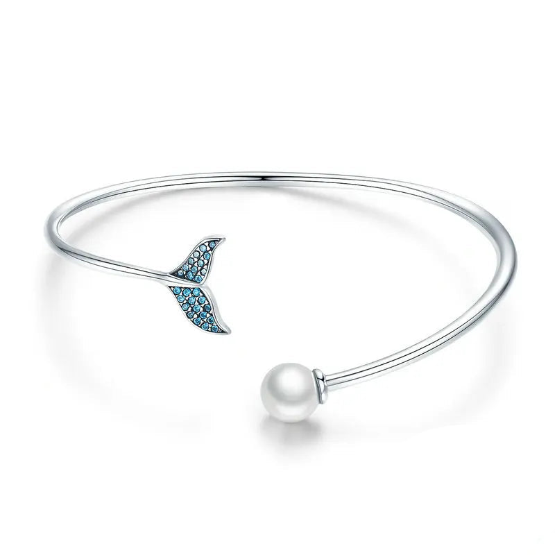 Bamoer Hot Sale 925 Sterling Silver Blue Zircon Mermaid's Tail Open Cuff Women Bracelets & Bangles Fashion Jewelry SCB123 Mirror Quenn