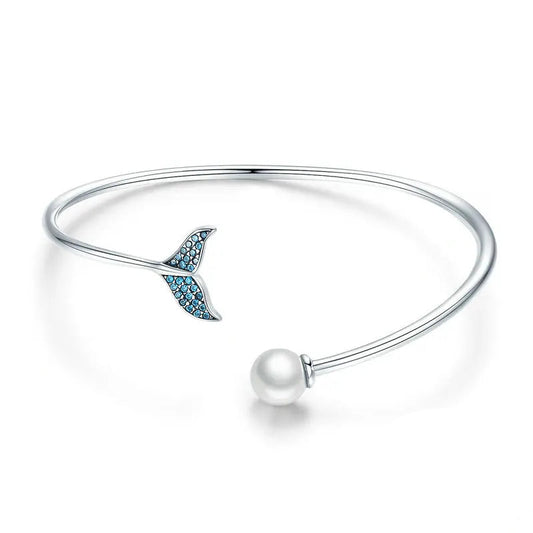 Bamoer Hot Sale 925 Sterling Silver Blue Zircon Mermaid's Tail Open Cuff Women Bracelets & Bangles Fashion Jewelry SCB123 Mirror Quenn