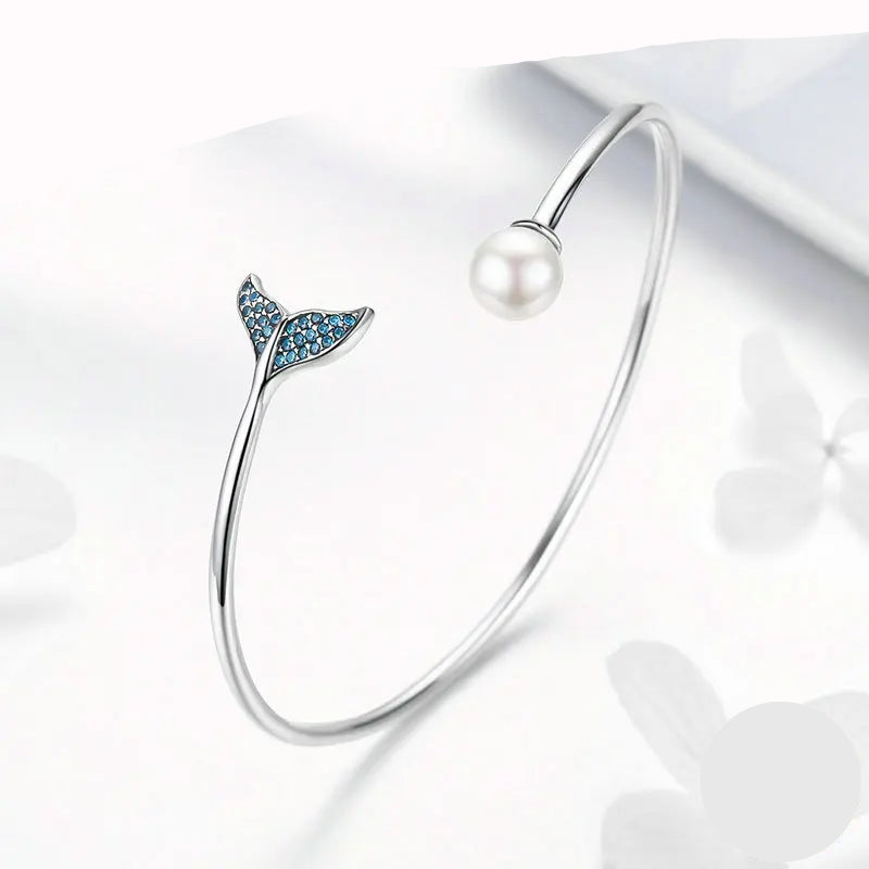 Bamoer Hot Sale 925 Sterling Silver Blue Zircon Mermaid's Tail Open Cuff Women Bracelets & Bangles Fashion Jewelry SCB123 Mirror Quenn