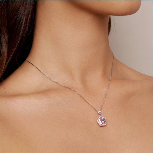Bamoer 925 Sterling Silver Pink Flower Pendant Necklace Little Star Neck Chain Pave Setting CZ for Women Valentine's Day Gift Mirror Quenn