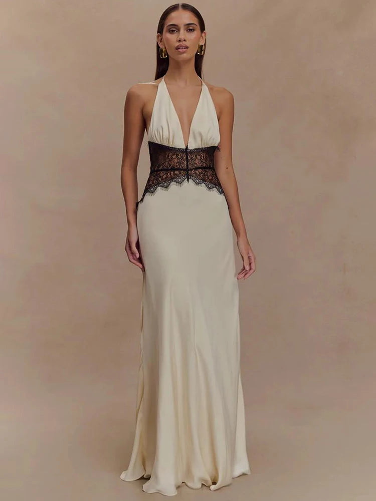 Backless Lace Halter Maxi Dress