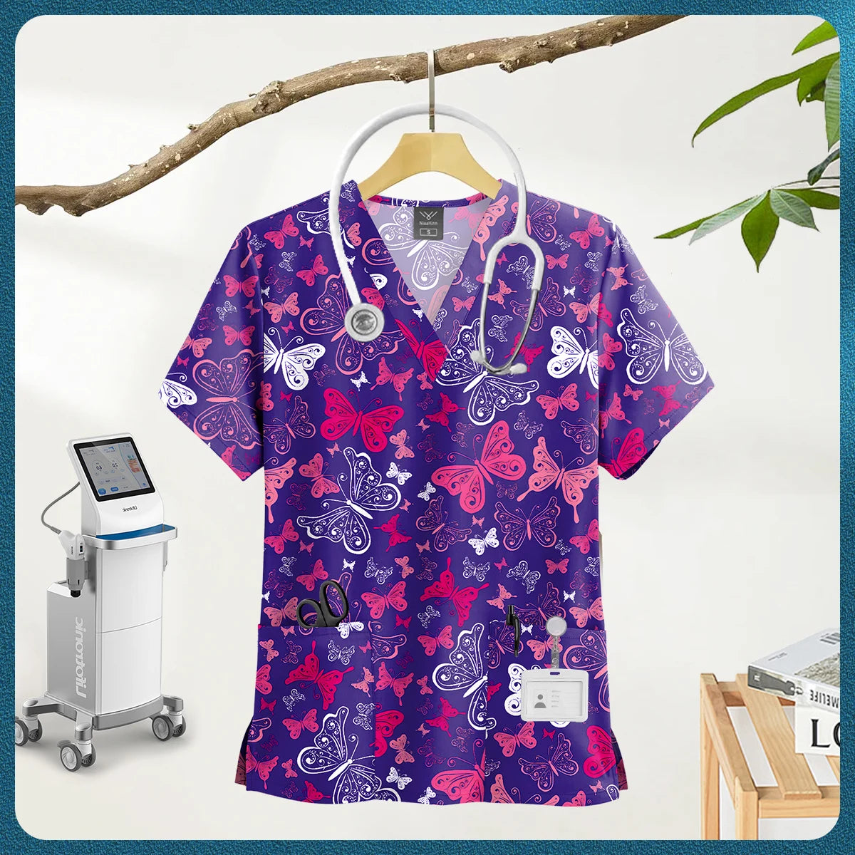 Printed Scrub Top with Pockets – V-Neck
