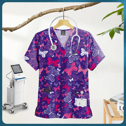 Printed Scrub Top with Pockets – V-Neck
