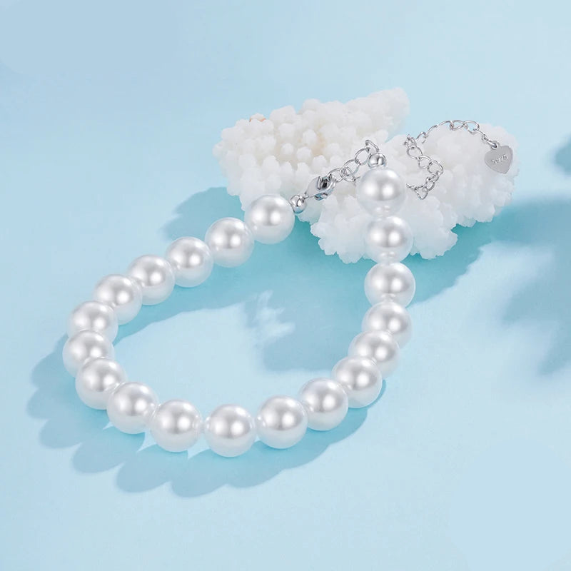 BAMOER White Pearl Bracelets for Women, 925 Silver Adjustable Clasp Chain Faux Pearl Beaded Bracelets Bridal Wedding Jewelry Mirror Quenn