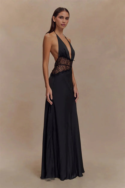 Backless Lace Halter Maxi Dress