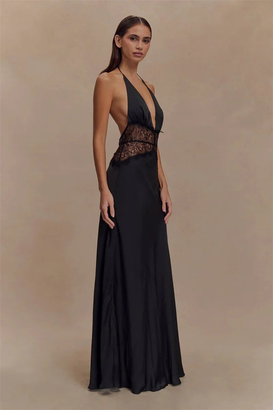 Backless Lace Halter Maxi Dress