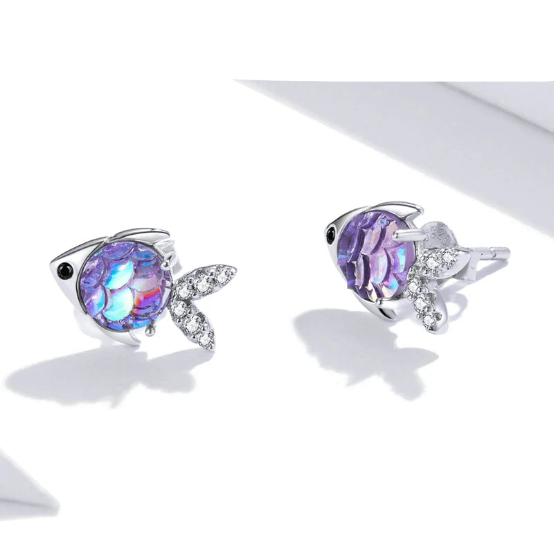 Bamoer 925 Sterling Silver Purple Fish Jewelry Set Happy Tropical Litte Fish Earrings Necklace for Women Fashion Jewelry SCE1028 Mirror Quenn