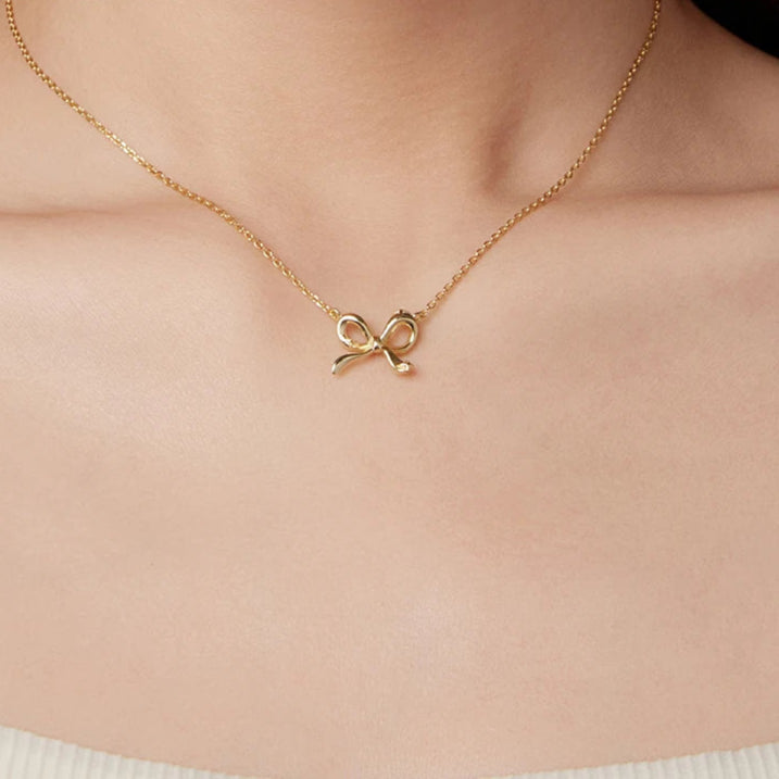 BAMOER 925 Sterling Silver Bowknot Chain Necklace Gold Plated Link Chain with Bow Choker for Women Girls Fashion Jewelry Gifts Mirror Quenn