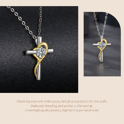 Two-Tone Gold Cross Necklace Moissanite Silver