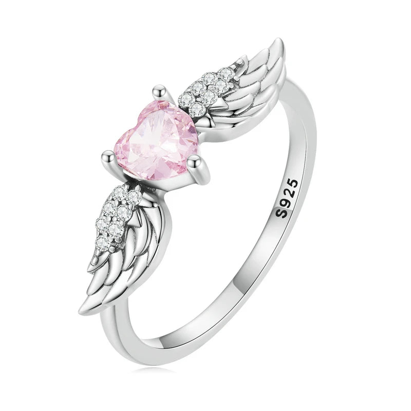 BAMOER 925 Sterling Silver Angel Wing Ring for Women Fine Jewelry Pink Heart Zircon Eternity Band Ring Wedding Gift SCR874 Mirror Quenn