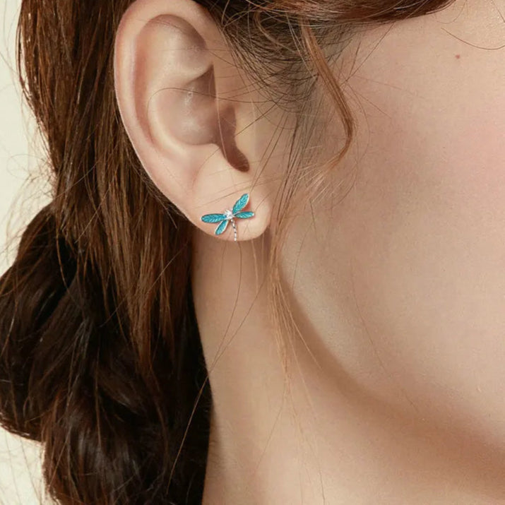 BAMOER Vintage 925 Sterling Silver Dainty Dragonfly Stud Earrings & Dragonfly Open Size Ring for Women Fine Jewelry Set Gift Mirror Quenn