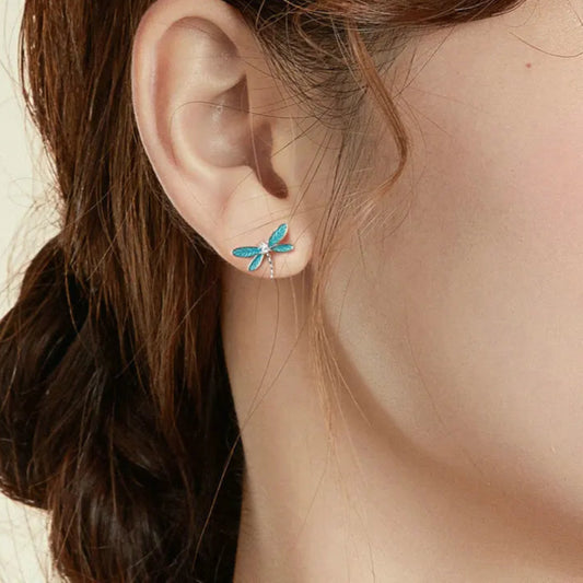 BAMOER Vintage 925 Sterling Silver Dainty Dragonfly Stud Earrings & Dragonfly Open Size Ring for Women Fine Jewelry Set Gift Mirror Quenn