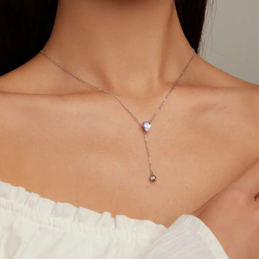 Bamoer 925 Sterling Silver Purple Zircon Lily of the Valley Pendant Necklace Elegent Neck Chain for Women Fine Jewelry BSN271 Mirror Quenn