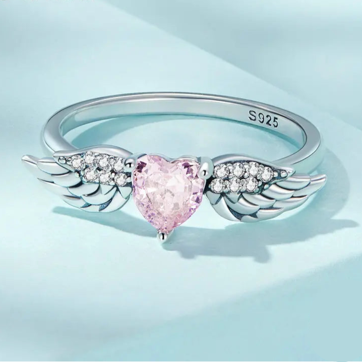 925 Sterling Silver Angel Wing Ring for Women Fine Jewelry Pink Heart Zircon Eternity Band Ring Wedding Gift SCR874 Mirror Quenn