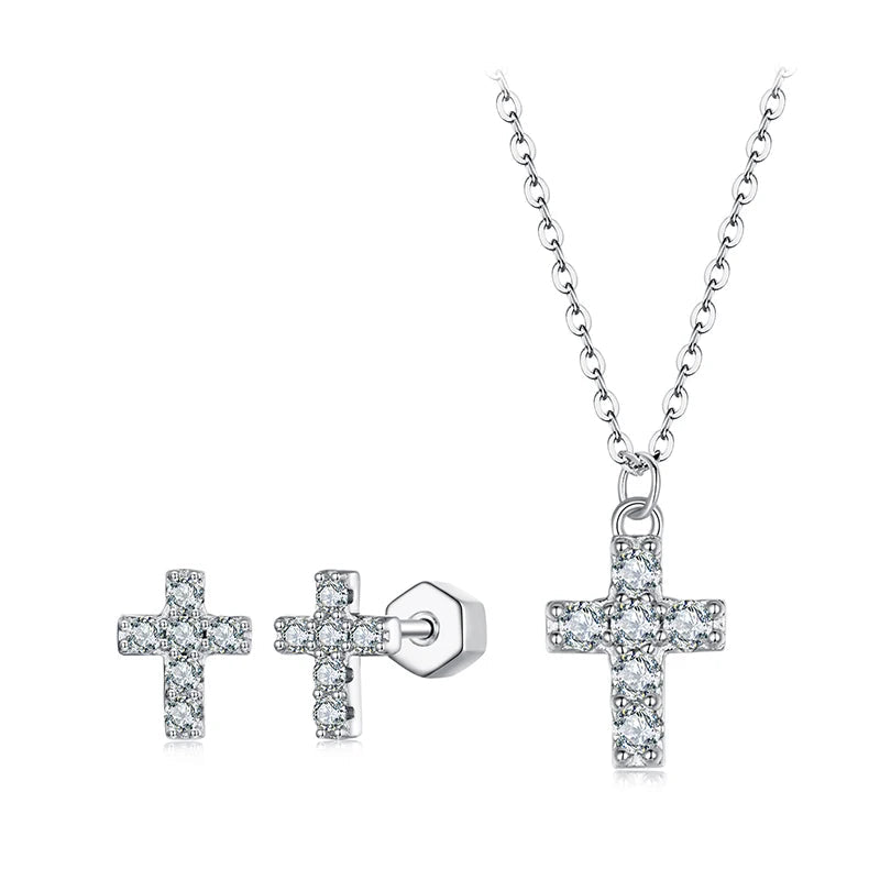 BAMOER White Gold Plated Moissanite Cross Necklace & Earrings for Women, 925 Sterling Silver Small Religious Faith Xmas Jewelry Mirror Quenn