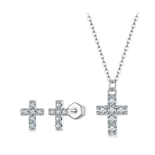 BAMOER White Gold Plated Moissanite Cross Necklace & Earrings for Women, 925 Sterling Silver Small Religious Faith Xmas Jewelry Mirror Quenn