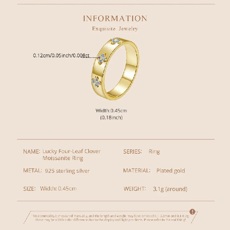Moissanite Clover Ring 925 Sterling Silver Gold Plated Band