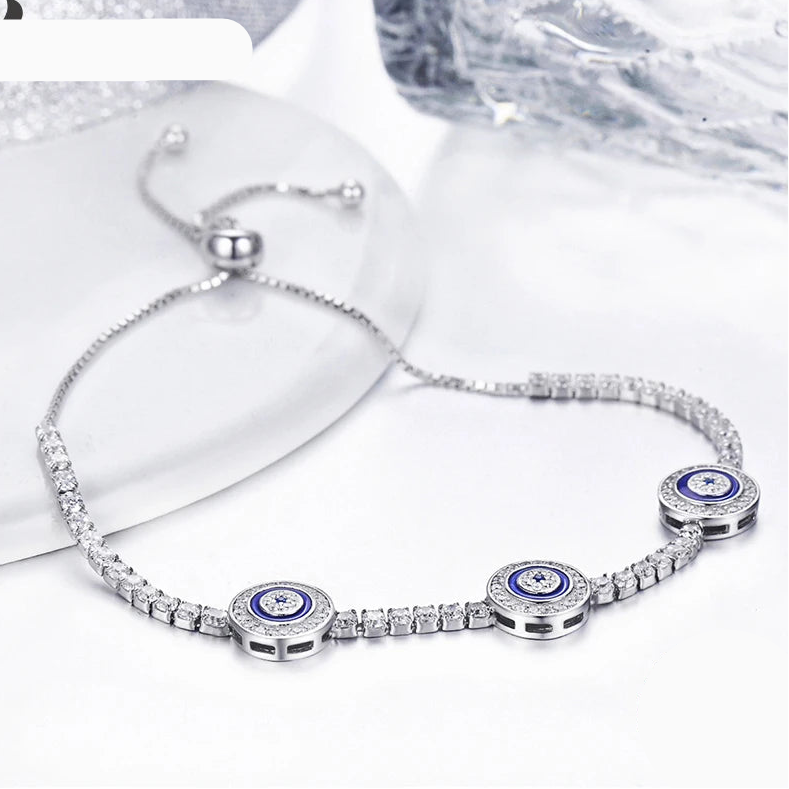 BAMOER Genuine 925 Sterling Silver Luxury Round Blue Evil Eyes Clear Cubic Zircon Crystal Tennis Bracelet Jewelry SCB002 Mirror Quenn