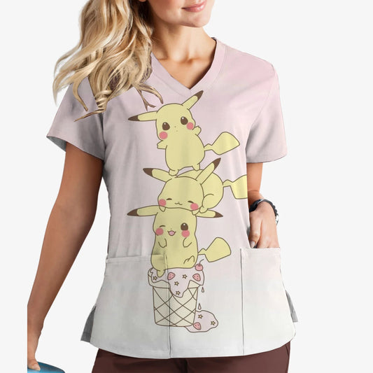 Pikachu Print V-Neck Scrub Top for Women | Cute Cartoon Work Uniform - MirrorQuenn