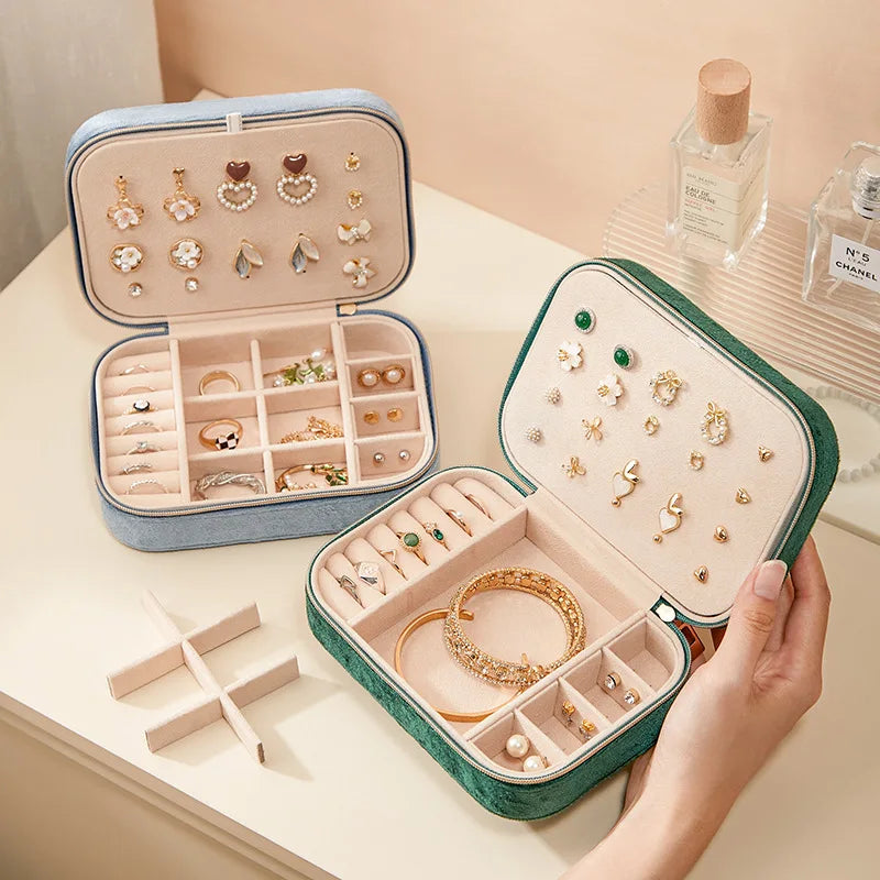 Double-Layer Large-Capacity Jewelry Box Velvet Ring Earrings Bracelet Pendant Storage Box Travel Portable Jewelry Case Organizer Mirror Quenn