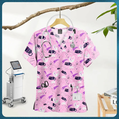 Printed Scrub Top with Pockets – V-Neck