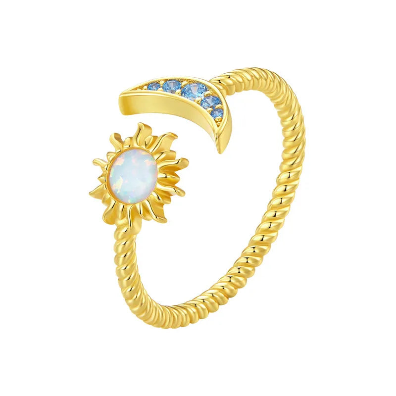 BAMOER Authentic 925 Sterling Silver Shining Sun & Moon Open Size Ring for Women Vintage Opal Ring Fine Jewelry Party Gift Mirror Quenn